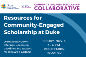 Logos for campus partners:Duke Faculty Write, Duke Service-Learning, CTSI, Forum for Scholars and Publics, DGHI, SSRI, Duke Civic Engagement, Bass Connections and +Programs, DukeEngage